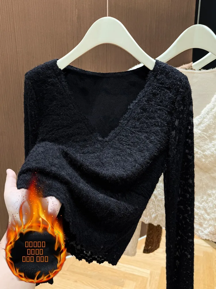 

Женская базовая кофта Ele Bla с кружевным V-образным вырезом, приталенная, на флисовой подкладке, в корейском стиле, для повседневной носки, зимняя, утепленная