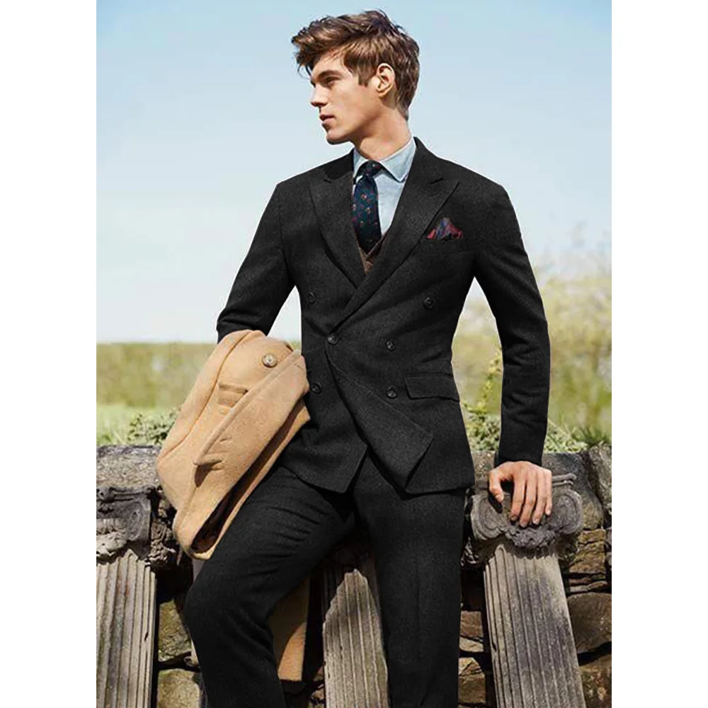 Elegante giacca da uomo pantaloni in Tweed di lana Slim Casual Fashion Design pantaloni doppiopetto Set completo da uomo