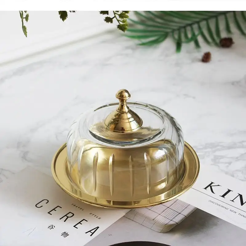 Brass Cake Pan Transparent Glass Cover Golden Tray Stand Dim Sum Dish Fruit Plate Dessert Display Storage Trays