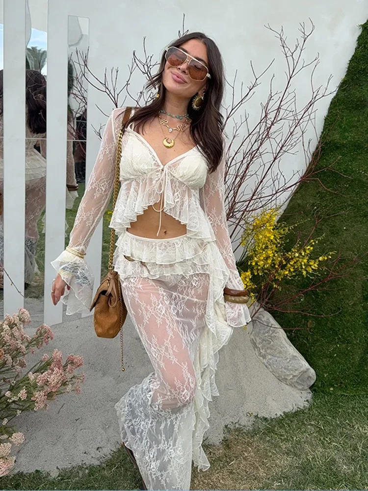 

Сексуальная кружевная длинная юбка с рюшами, комплект женских рубашек с расклешенными рукавами на шнуровке, юбки с рюшами, 2025, летние женские костюмы из 2 предметов для вечеринки, прозрачные костюмы