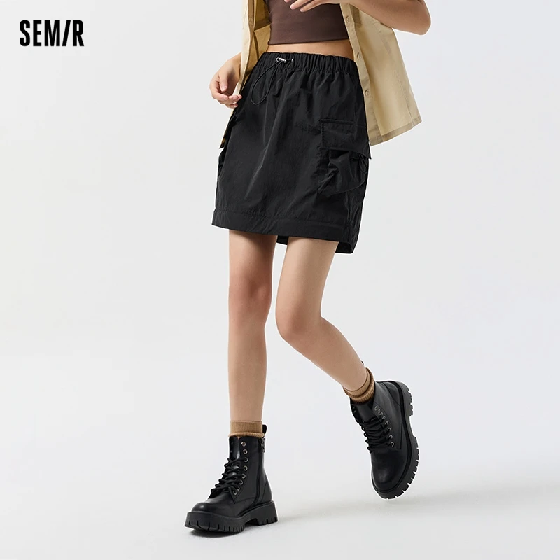 Semir-falda con cintura elástica para mujer, ropa de trabajo a prueba de tres, holgada, recta, con abertura y textura, Primavera, 2024