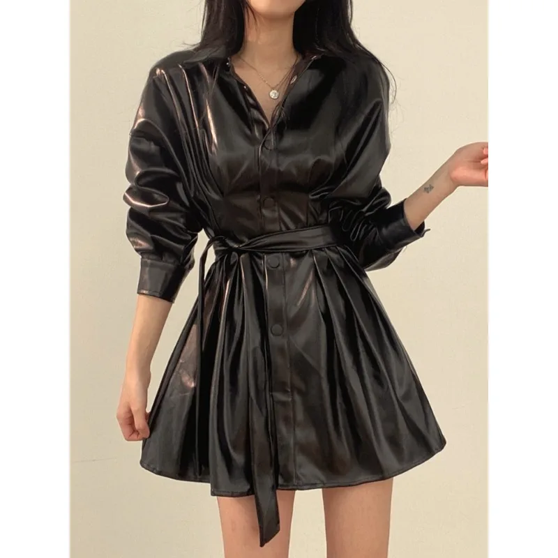 

Корейская шикарная осенне-зимняя модная ретро-модная утягивающая мотоциклетная кожаная куртка с ремешком на талии, женская рубашка, пальто средней длины, женский топ