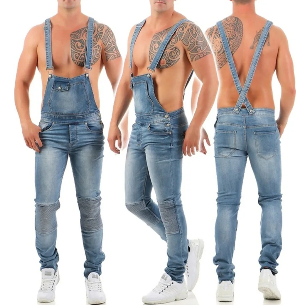 

European and American Men's Suspender Denim Jumpsuit, A Fashionable Street Style for Young People, Washed Workwear Long Pants