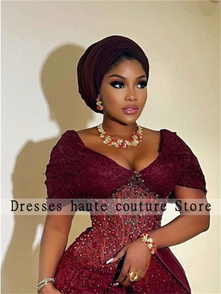 Aso ebi Burgundy Beaded Evening Dresses 2025 African Wedding Reception Dress Off The Shoulder Formal Prom Gowns Customized