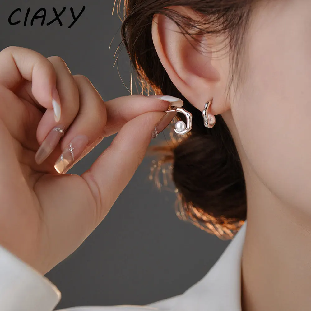 CIAXY Silver Color Irregular C-shaped Semi-round Pearl Earrings for Women 2023 New Stud Earring Fashion Jewelry