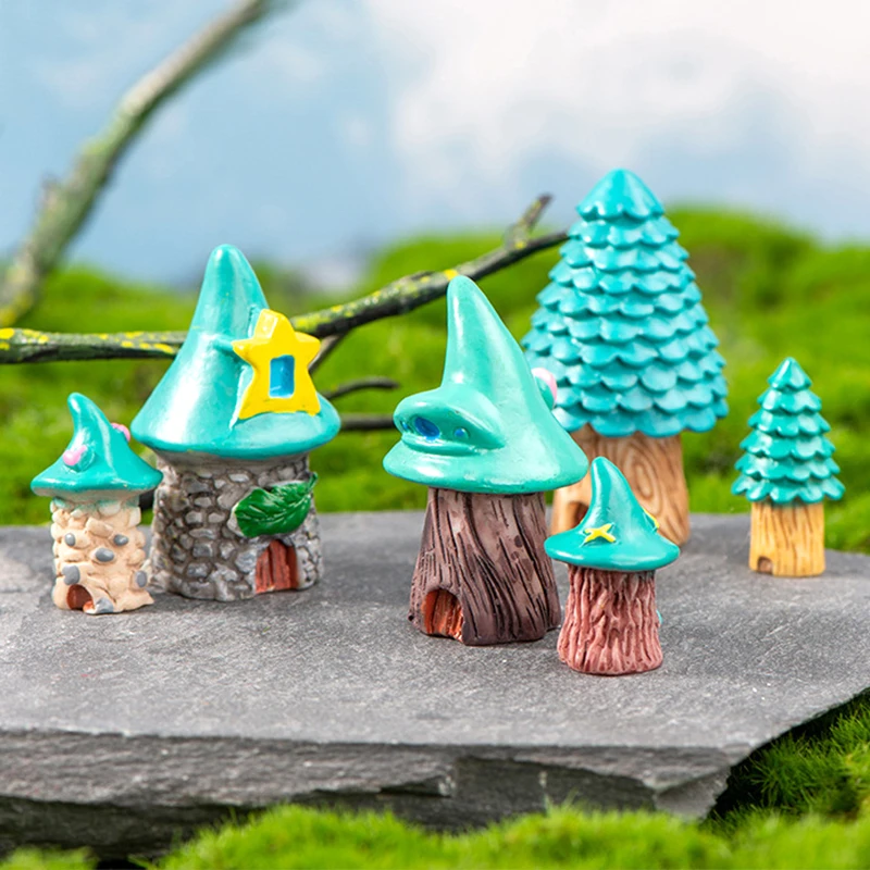 

8pcs Vintage Blue Mini Tree House Fairy Garden Micro Landscape Home Bonsai Decoration Mini Mushroom House DIY Cake Decor