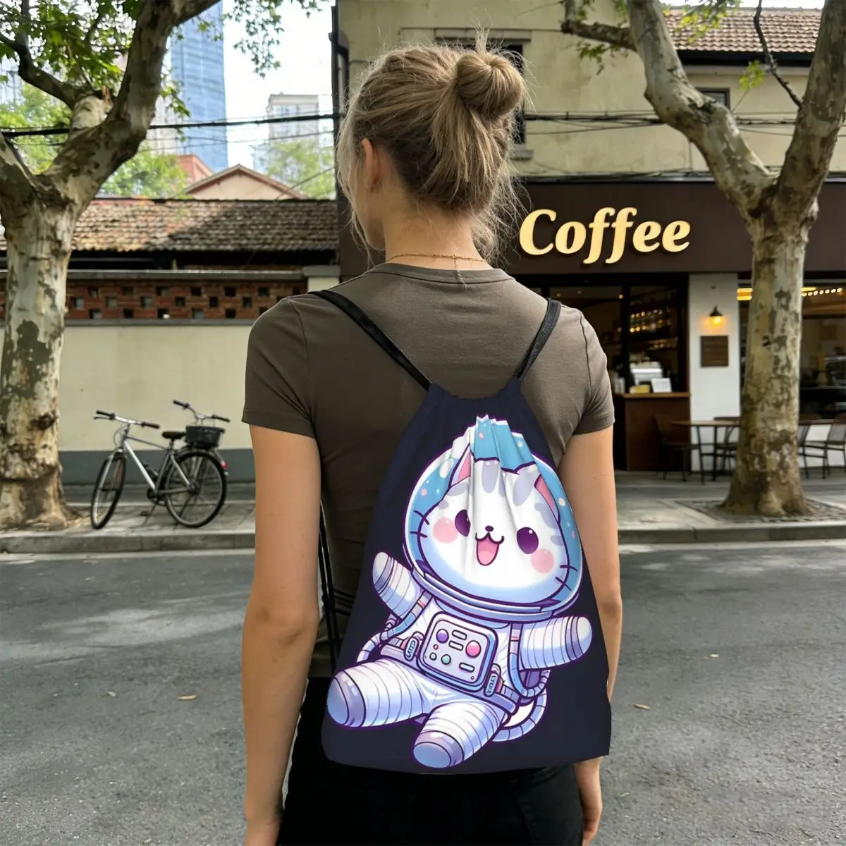 Blue Cute Kitten Astronaut In Space Backpacks Casual Drawstring Bundle Pocket Sports Bag Book Bags for Man Woman School