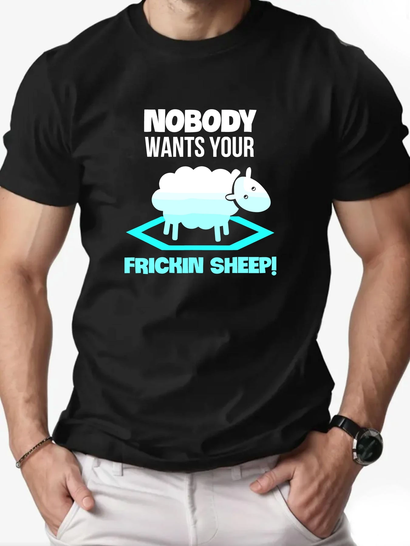 

Men T-Shirt Pure Cotton Animal Sheep Print Comfortable Breathable Round Neck Short Sleeve Casual Summer Daily Wear Tee Top