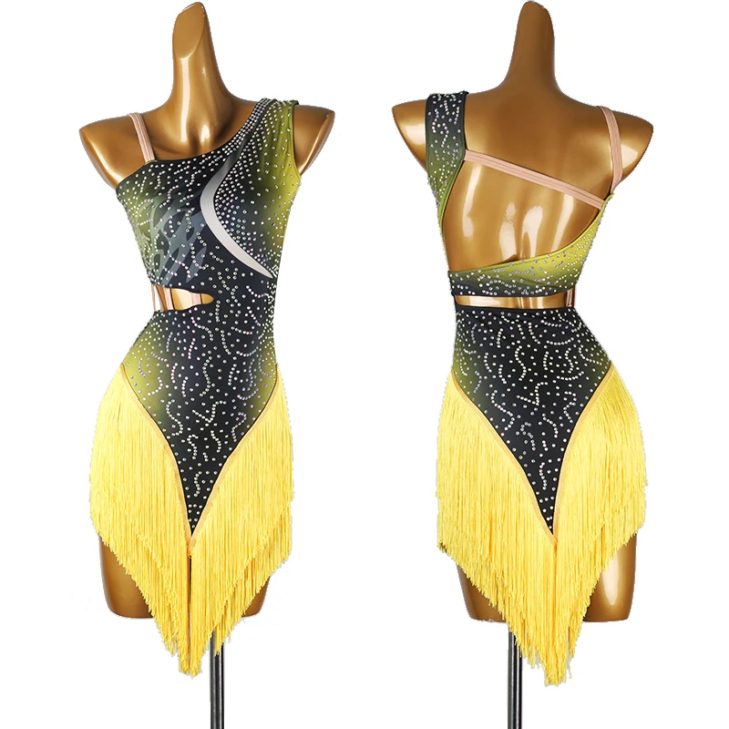 Mulheres diamante gradiente borlas vestido de dança latina vestido desempenho franja vestido chacha samba competição dança wear dql11154