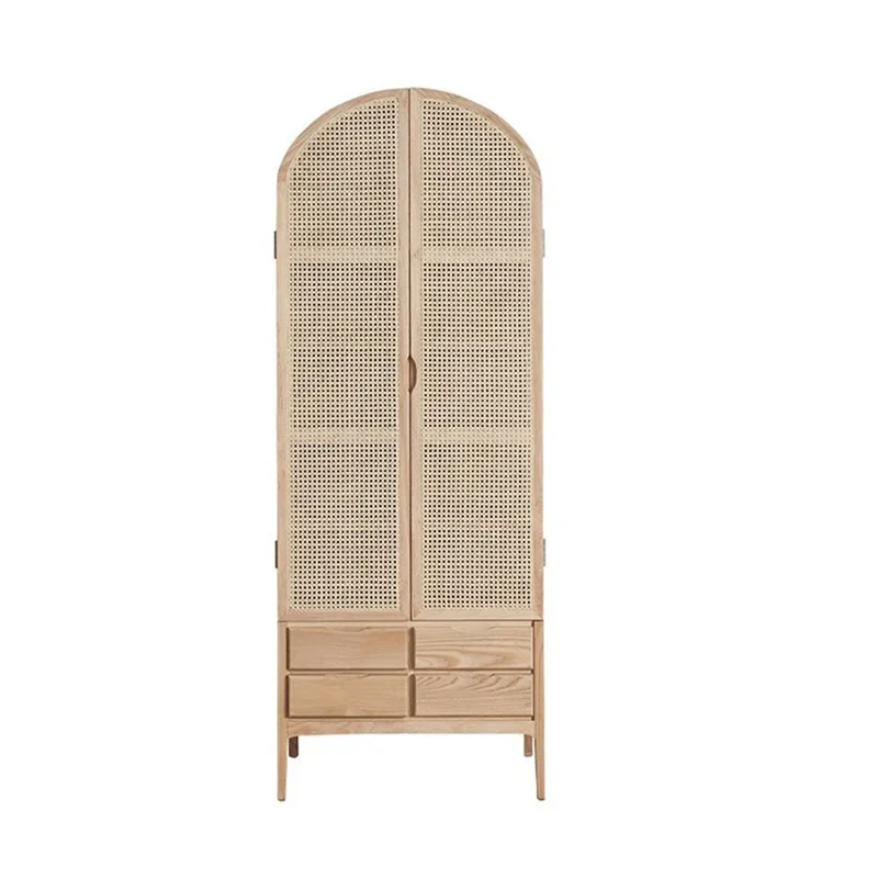 Nordic solid wood rattan wardrobe dormitory double door wardrobe, American log bedroom cabinet small apartment bed and