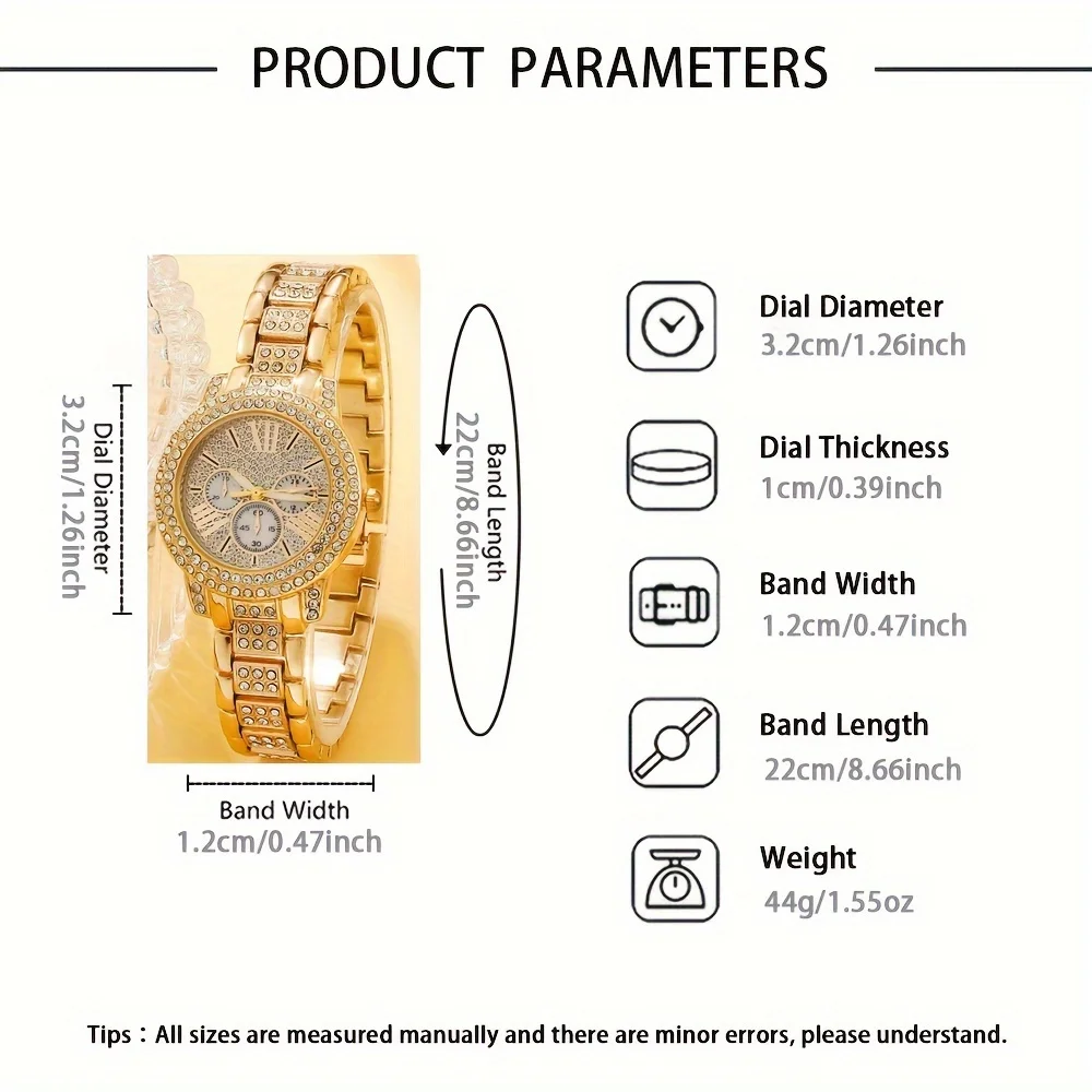 クリスタルアクセント付きのメンズ高級ゴールドクォーツ時計とジュエリーの6点セット