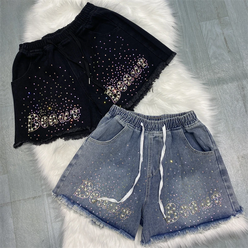 2024 new American Style Beads Hot Drilling Women Denim Shorts Summer Drawstring Elatic Waist Loose Short A-line Wide Leg Pants