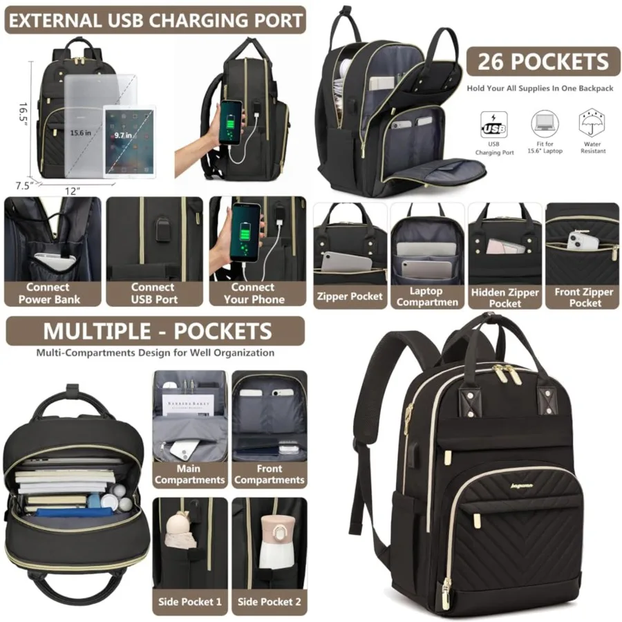 

Laptop Backpack for Women Work Bag - Black Travel Backpack College Backpack with USB Charger Business Office Back Pack for Teac