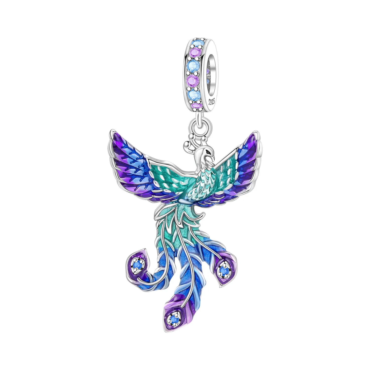 S925 Sterling Silver Mythical Phoenix Charm Firebird Pendant Purple Blue Green Gradient Enamel Fit Bracelets Jewelry Gift