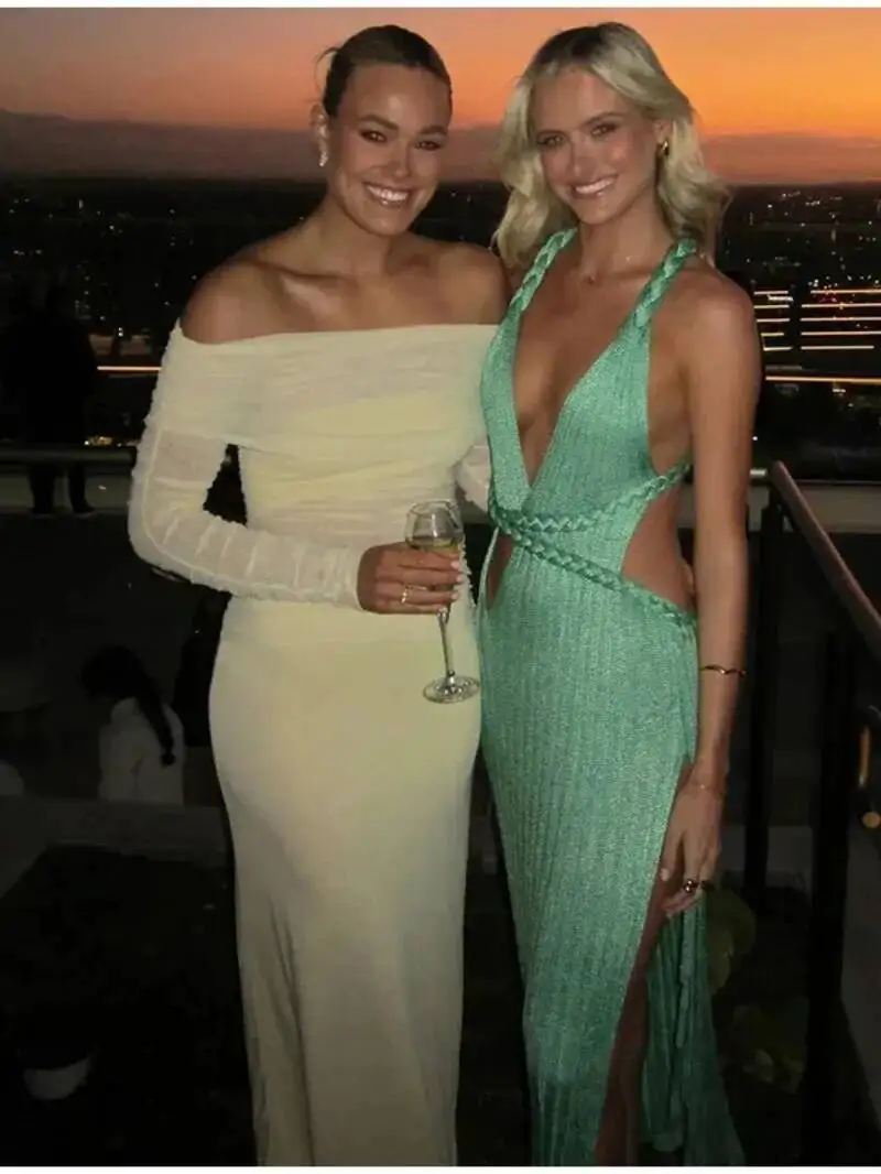 Sexy Knit High Slit Backless Long Dress Women Green Ribbed Hollow V-neck Dresses Female Summer Lady Beach Party Robes New GJ8V