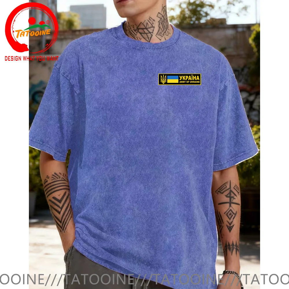 Army of Ukraine Emblem Printed T-Shirt Ukrainian Soldier Coat of Arms T Shirt Men Vintage Washed Cotton T-Shirt Casual Clothing