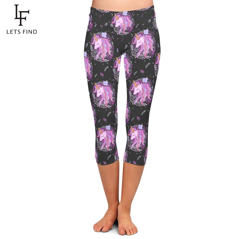 LETSFIND Thun Cao Cấp Nữ Capri Legging 3D Dễ Thương Kỳ Lân In Cao Cấp Tập Thể Dục Mềm Mỏng Giữa Bắp Chân Quần Legging