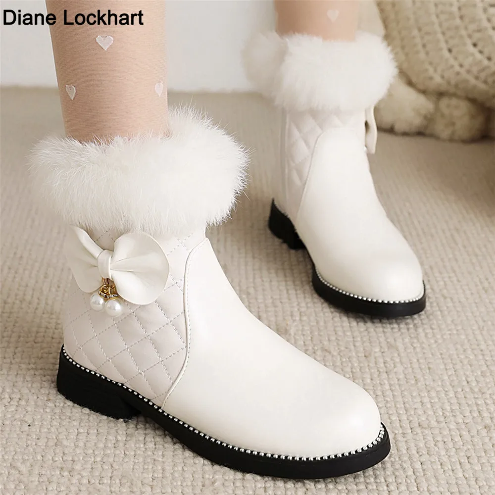 

Women Boots Platform Autumn Winter Shoes Ladies Snow Boots Ankle Boots With Thick Bow Bead Faux Fur Heels Girls Botas Mujer31-41