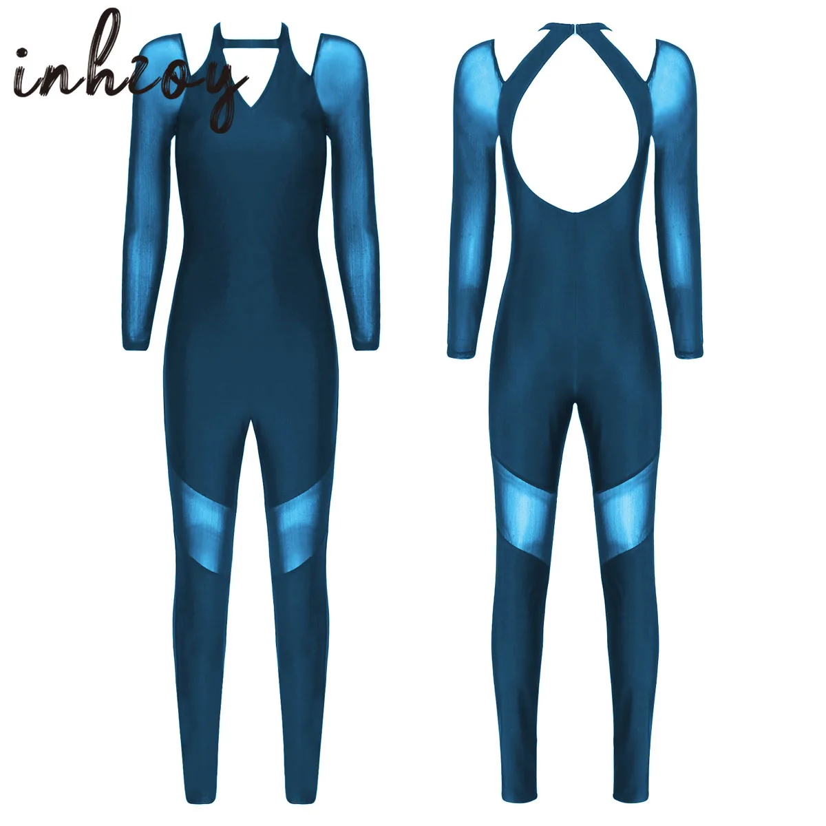 Kobiety Mesh kombinezony baletowe z długim rękawem Backless trykoty Unitard Body gimnastyczne Body kostiumy do tańca