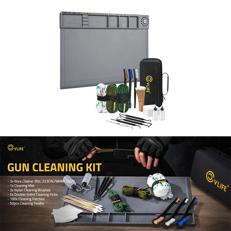 

CVLIFE Gun Cleaning Kit for 9mm .223/5.56mm .38 .357 12GA Mat with Brushes, Picks, Swab, Patche, Oil Bottle for Multiple Caliber