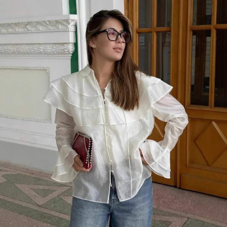

French White Ruffle Top Women's Autumn Loose Design Flared Sleeve Tencel Shirt Women's Clothing