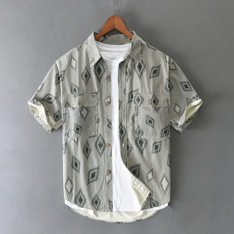 2024 Shirts Met Korte Mouwen Voor Heren Zomer Nieuwe Mode Gestreepte Tops Heren Casual Shirt Met Turn-Down Kraag En Print