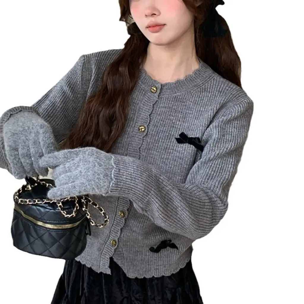

Женский вязаный свитер во французском стиле, пальто с бантом и круглым вырезом, свободный крой, универсальный элегантный топ в западном стиле