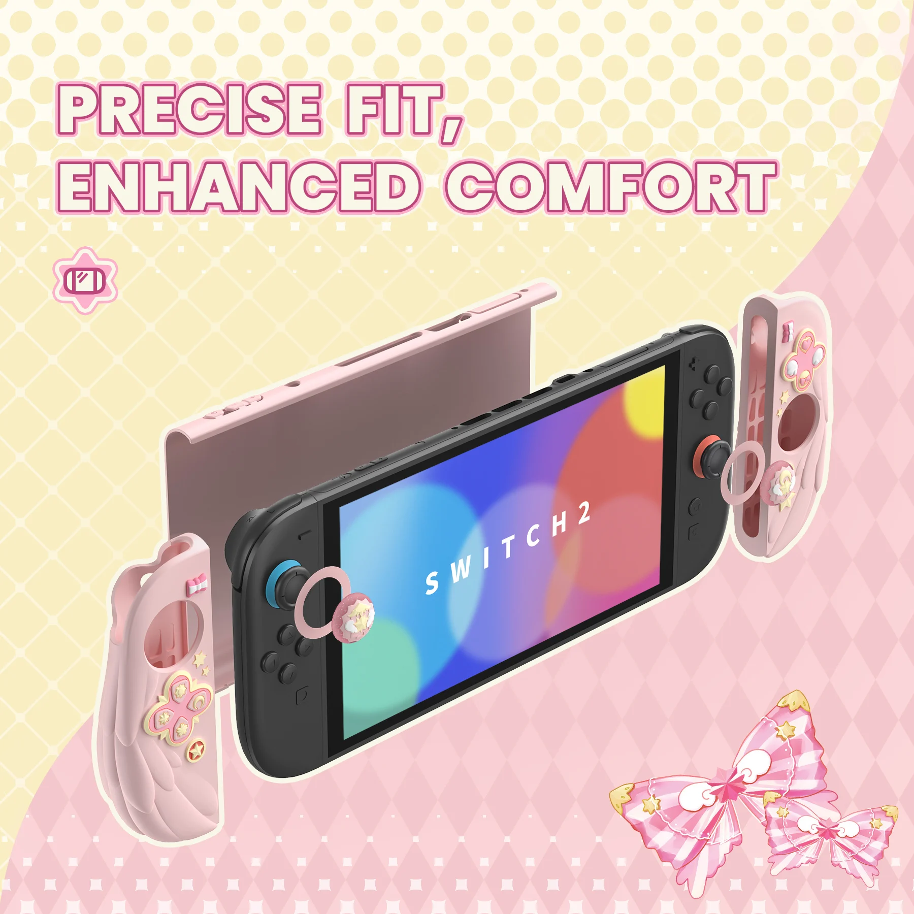PlayVital Magic Wings Funda de silicona acoplable para Nintendo Switch 2 – Funda protectora de anime con soporte ajustable y tapas para pulgar