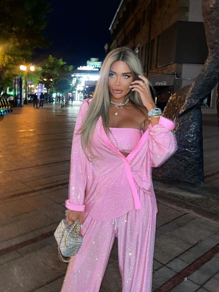 

2024 Women's Sexy Sparkle Diamonds Three Piece Pants Set Long Sleeve Top + Bra + Trousers Pink Suit Long Pants Set Party