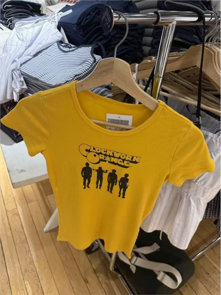 

Vintage Rock Band Print Cotton T-shirt Women Summer New Casual Slim O-neck Short Sleeve Tees Female Simple Sweet Tops Y2K