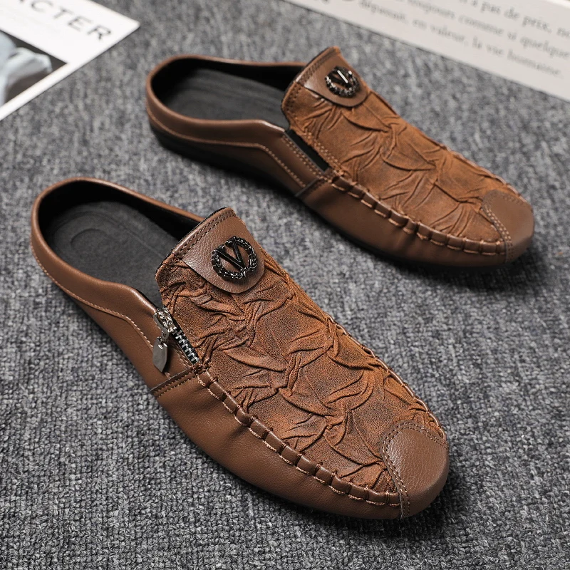 Fashion Leather Men’s Half Slippers Breathable Mens Casual Shoes Outdoor Men Loafers Lazy Shoes Flats Comfortable Male Sneakers