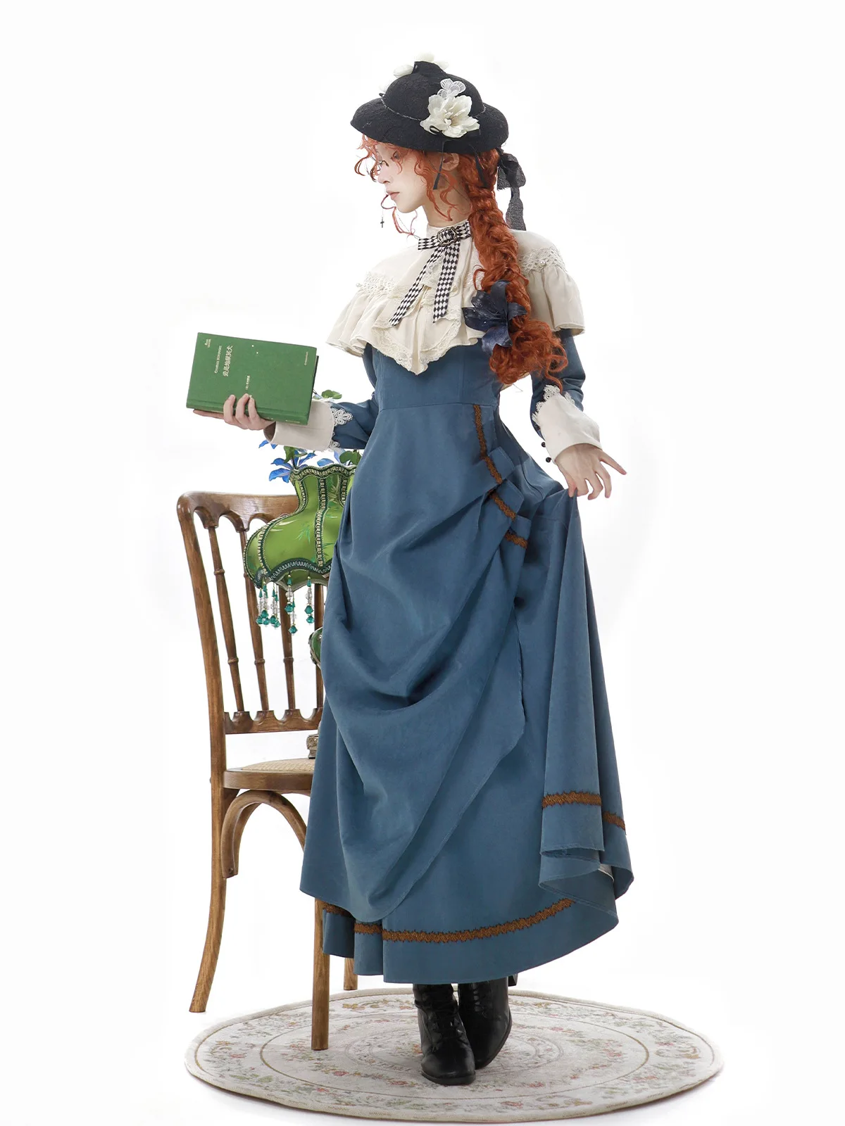 Gentle Temperament Bow Lace Cloak Splicing Fold Mid-length Dress for Women Lolita Mori Retro Elegant Cla Long-sleeved OP Dress