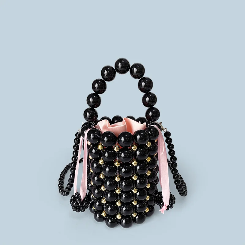

New handmade bead woven bucket dinner bag, hand-held single shoulder diagonal cross bag, round bucket bag, women's bag