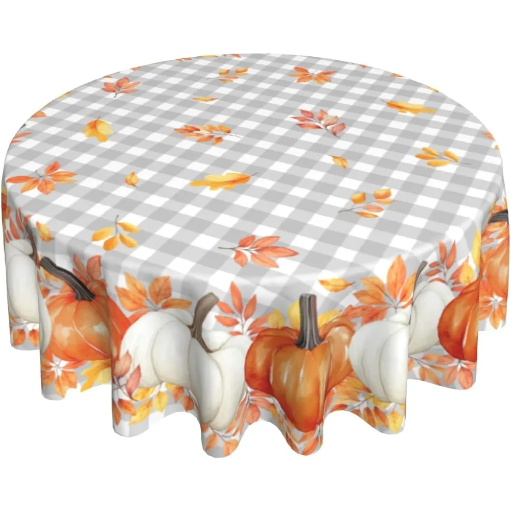 Fall Tablecloth 60 Inch Round Autumn Orange White Pumpkins Festival Table Cloth Water-Resistant Spill-Proof Washable Fabric
