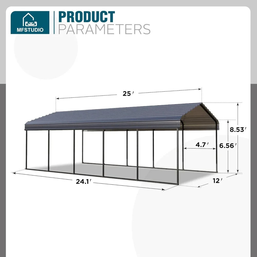 Carport 12 x 25 FT Heavy Duty Canopy, Outdoor Metal Shed Car Port, Garage Car Shelter Shade with Galvanized Steel Roof