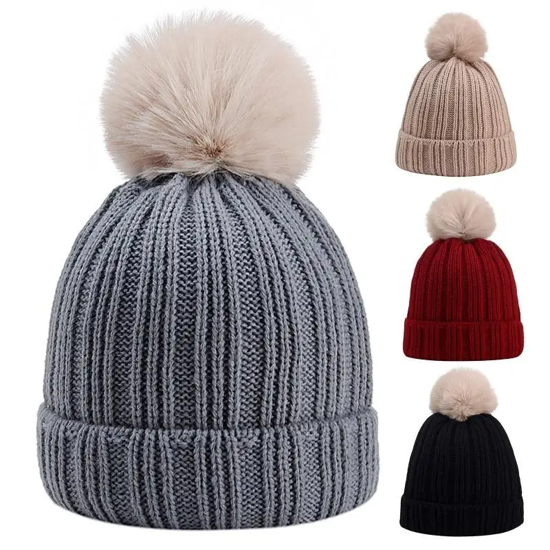 R1WE Детская зимняя теплая вязаная шапка из 2 предметов и длинный шарф, однотонная полосатая рубчатая шапка с манжетами и