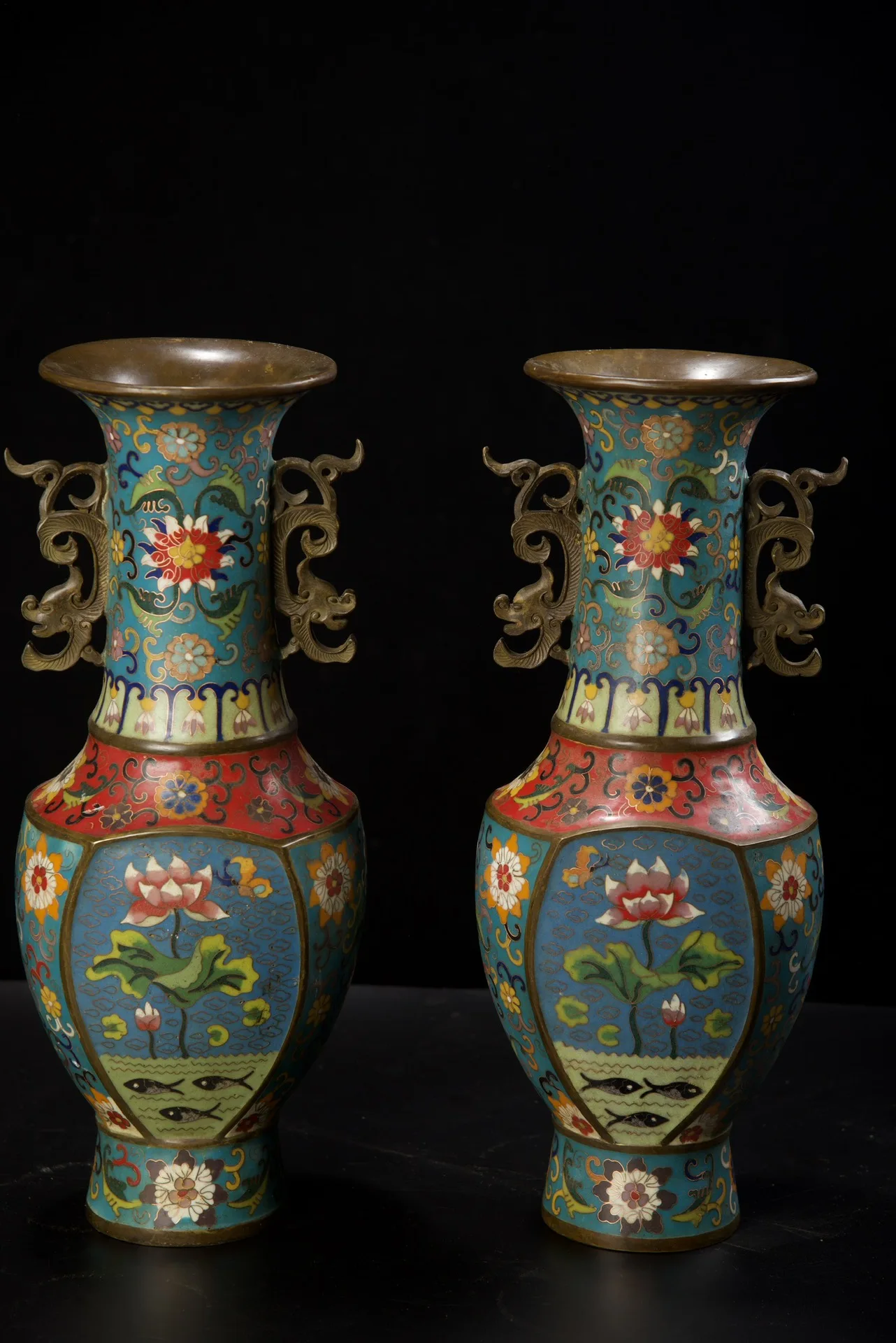 

15"Tibetan Temple Collection Old Bronze Cloisonne Enamel Lotus pattern Dragon Ear Vase A pair Bottles Amass wealth Ornaments