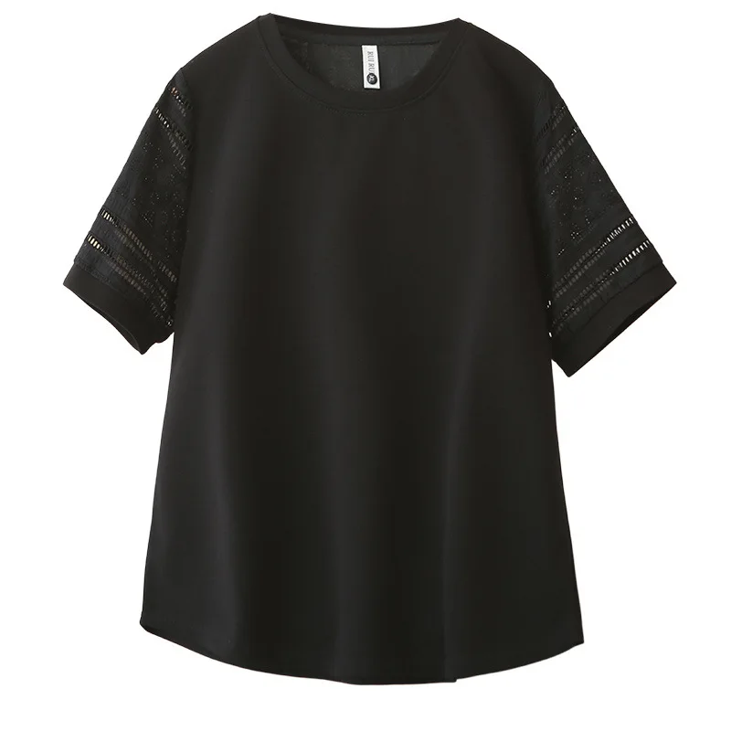 

Women Plus Size Mamba Cotton Tee Crew Neck Short Sleeve Hollow Out Sleeve Casual Loose Top 2607
