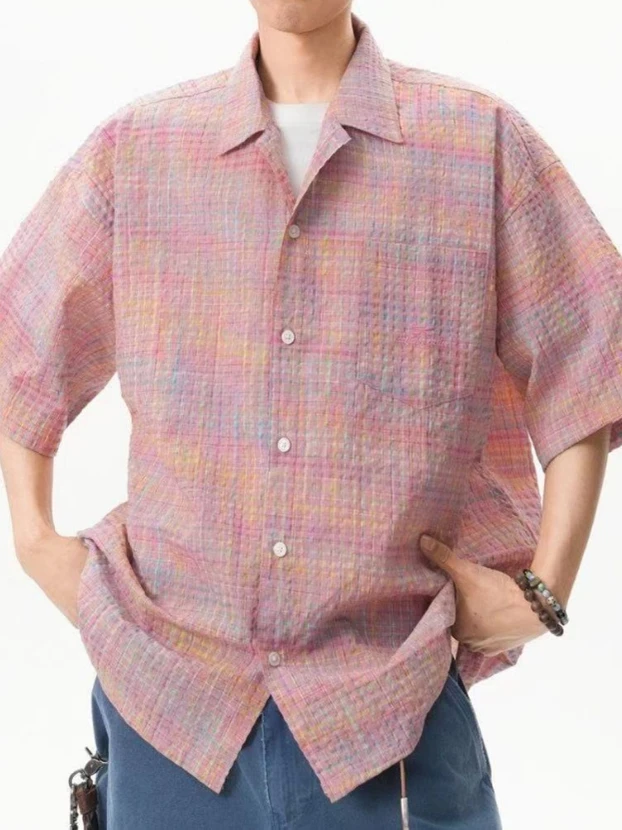 

Japanese Sle ular Plaid ort Sve Men's irt Summer New Small Design Casual Outerwear Loose Fit Printed Youth Faion