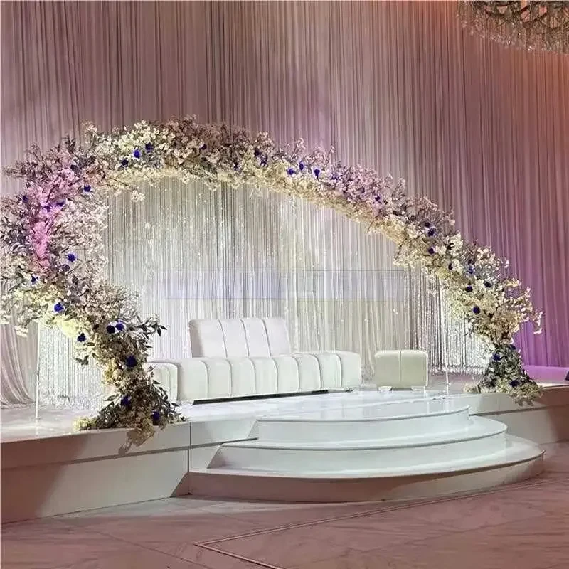 Popular Exquisite Semicircle Curved Silver Stainless Steel Backdrop Stage Decoration Wedding Crystal Backdrop