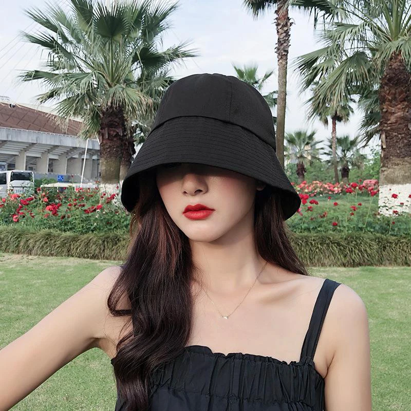 Summer Spring Black Women Bucket Hat Casual Cotton Solid Color Panama Cap Outdoor Beach Visor Sun Hats Lady Girl Fisherman Cap