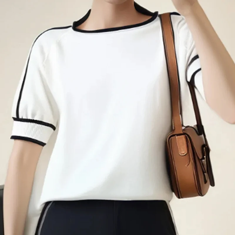 Mulher roupas listrado moda camiseta fina de malha t camisa feminina manga curta verão topos camiseta femme camisas mujer 18841
