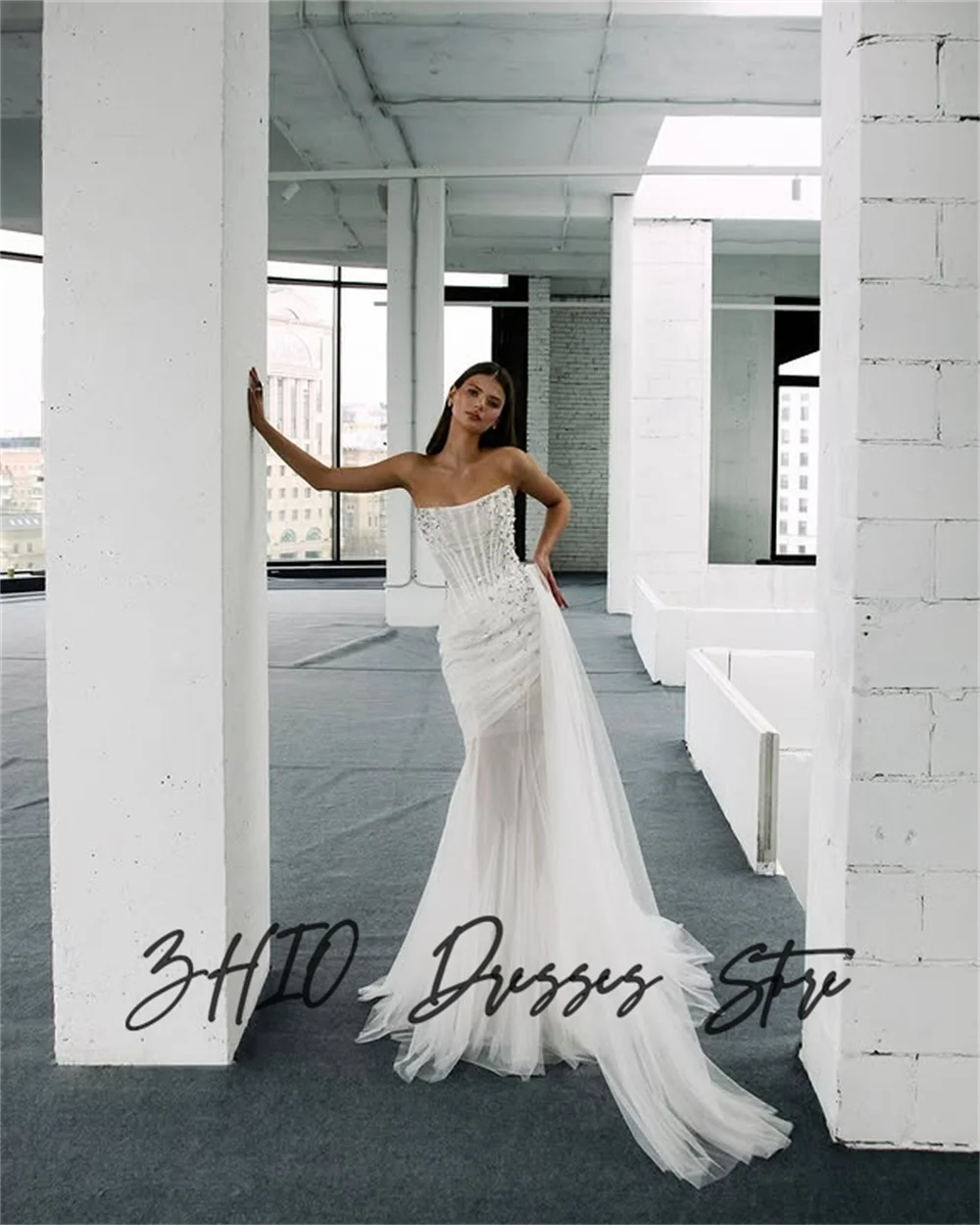 ZHIO فستان زفاف مثير مطرز بدون حمالات سويب تراين تول طول الأرض فساتين زفاف مخصصة فيستدوس دي نوفيا