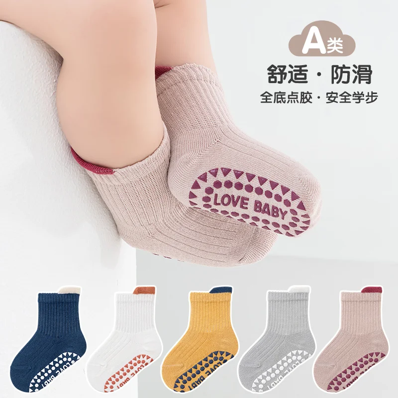 5 Pairs Baby Socks Spring Autumn Floor Socks Pure Cotton Mid-Tube Full Sole Non-Slip Newborn Baby Indoor Learning To Walk Socks