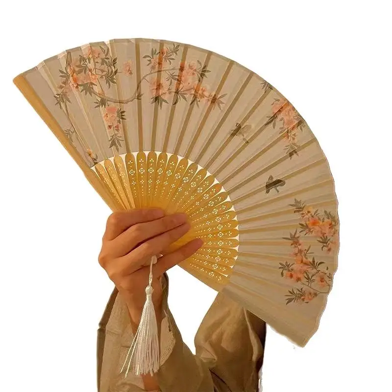 Tragbarer Handfächer im neuen chinesischen Stil, Tanzrequisiten, Retro-Muschelfächer, Damen- und Herren-Bambus-Holz-Seidenblumen-Faltfächer – Detail 6