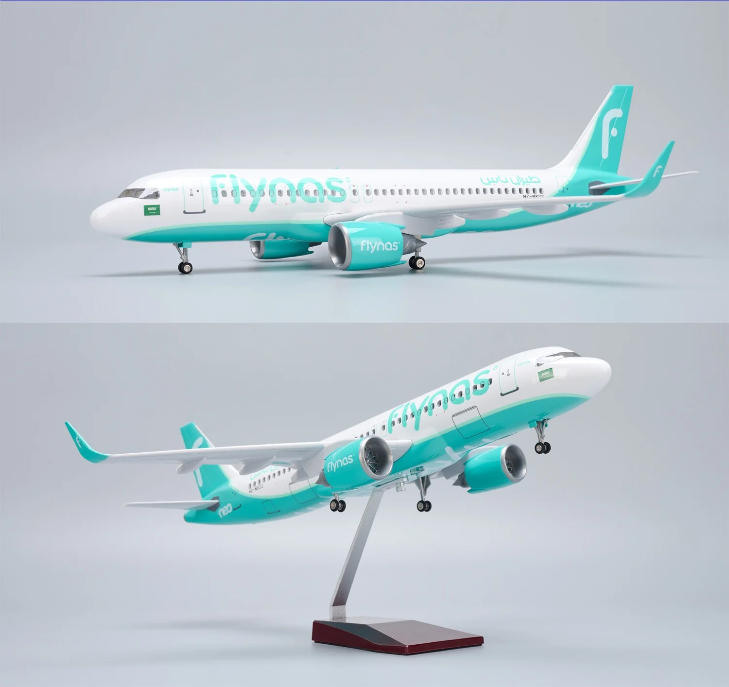 Modèle d'avion Flynas de 47 cm, modèle d'avion saoudien Nas A320neo avec support et roues, lumière LED, avion en métal moulé sous pression, objet de collection authentique, cadeau