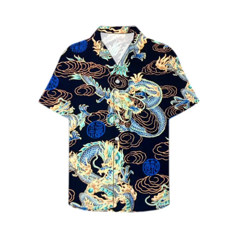 Men\'s Summer Fashion Dragon Print Short Sleeve Button Down Shirt S-3XL Plus Size Chinese Dragon Style Streetwear Overshirt Tops