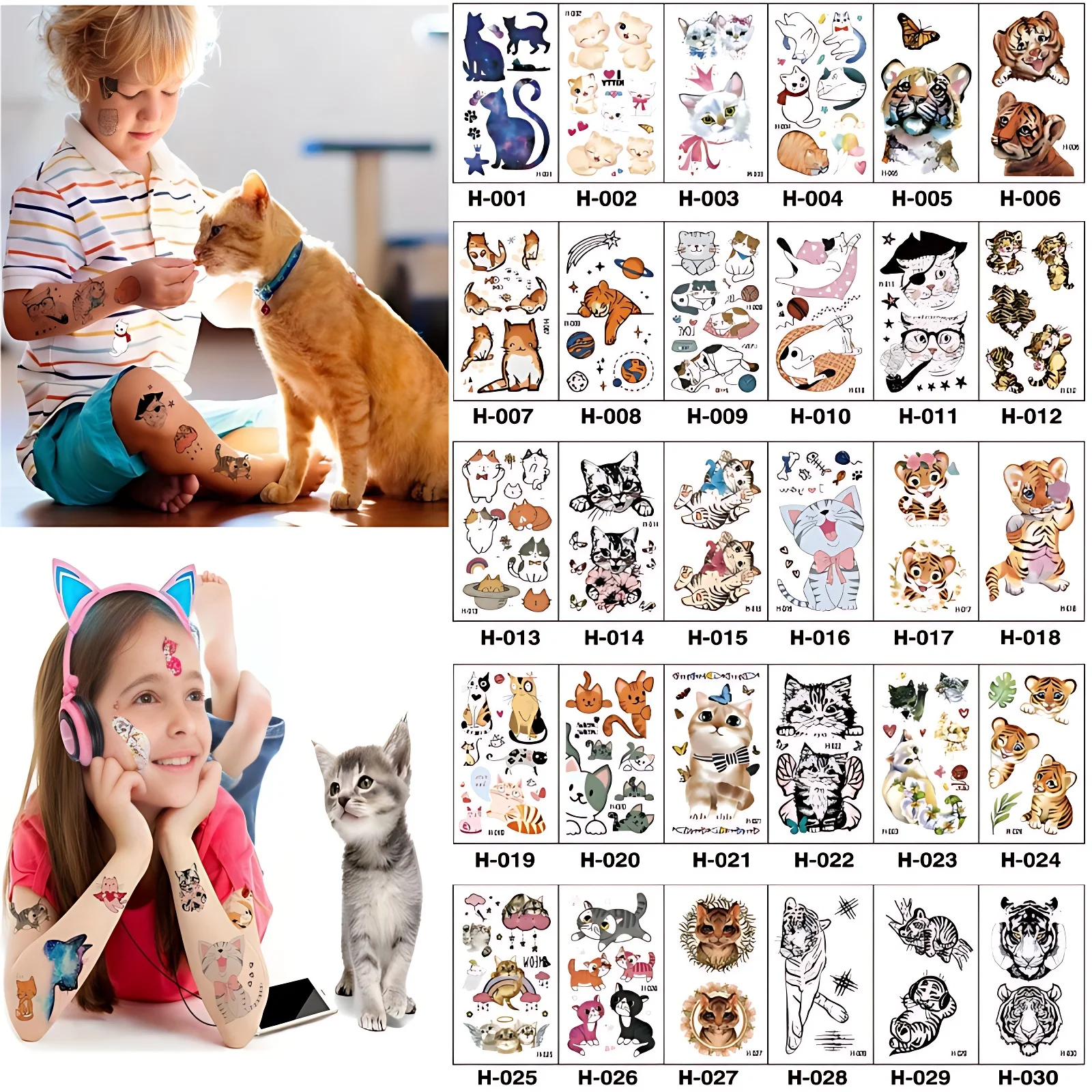 30pcs/set Temporary Tattoos for Kids Women Girls Cute Little Cat Fake Tattoos for Hands Wrist Face Ankle Birthday Party Favors