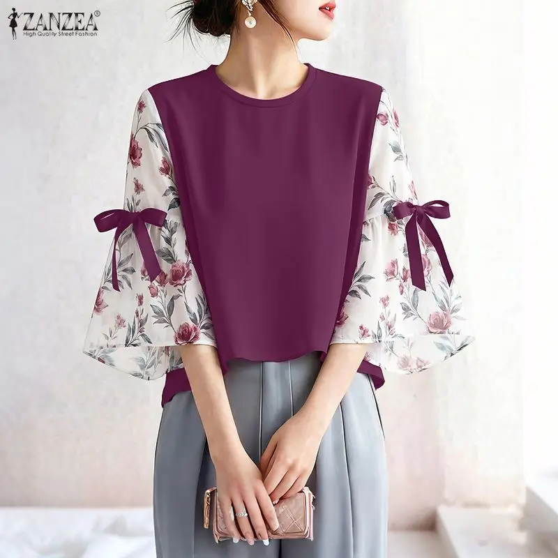 

Женские элегантные блузки ZANZEA с цветочным принтом, шифоновые, в стиле пэчворк, с рукавом 3/4, с бантом, пуловеры, топы, лето 2026, Blusas de Mujer