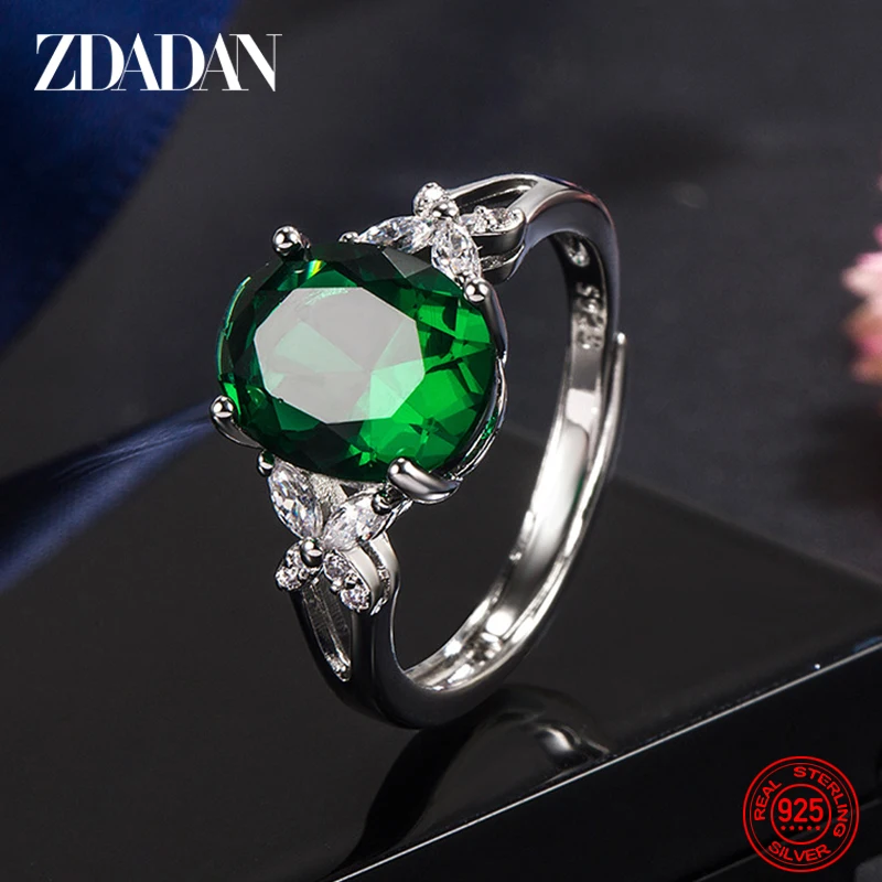 ZDADAN 925 Silver Oval Emerald Adjuastable Ring For Women Fashion Jewelry